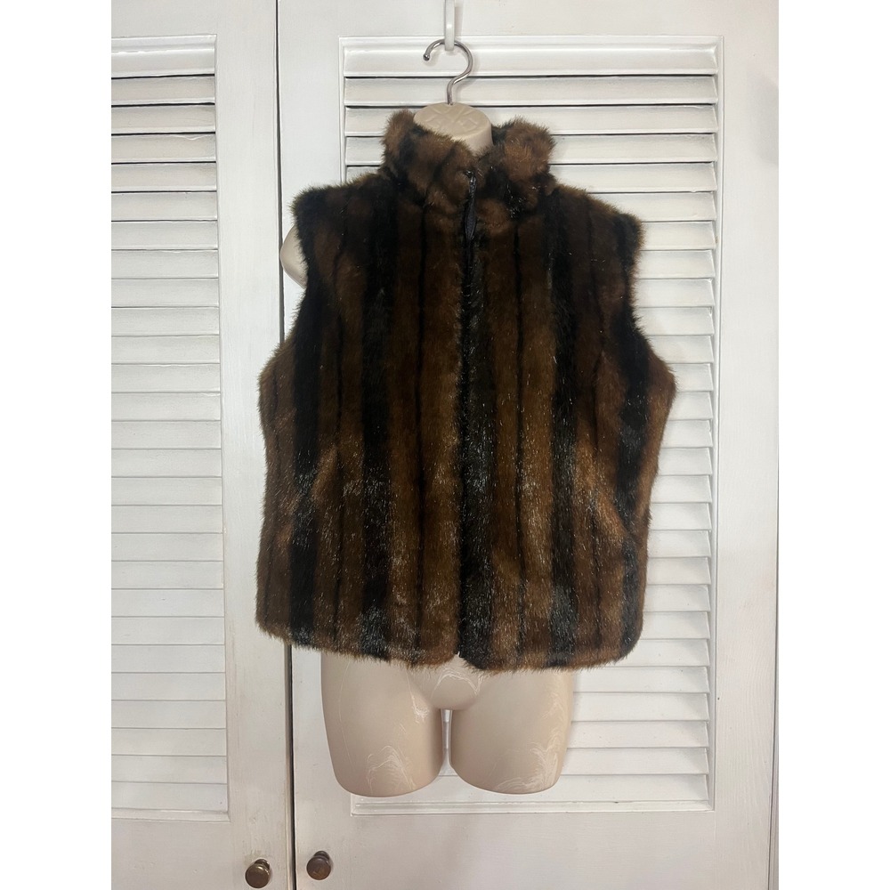 Cejon Accessories Brown Black Striped Faux Fur Vest Zip Up Funnel Neck Womens
